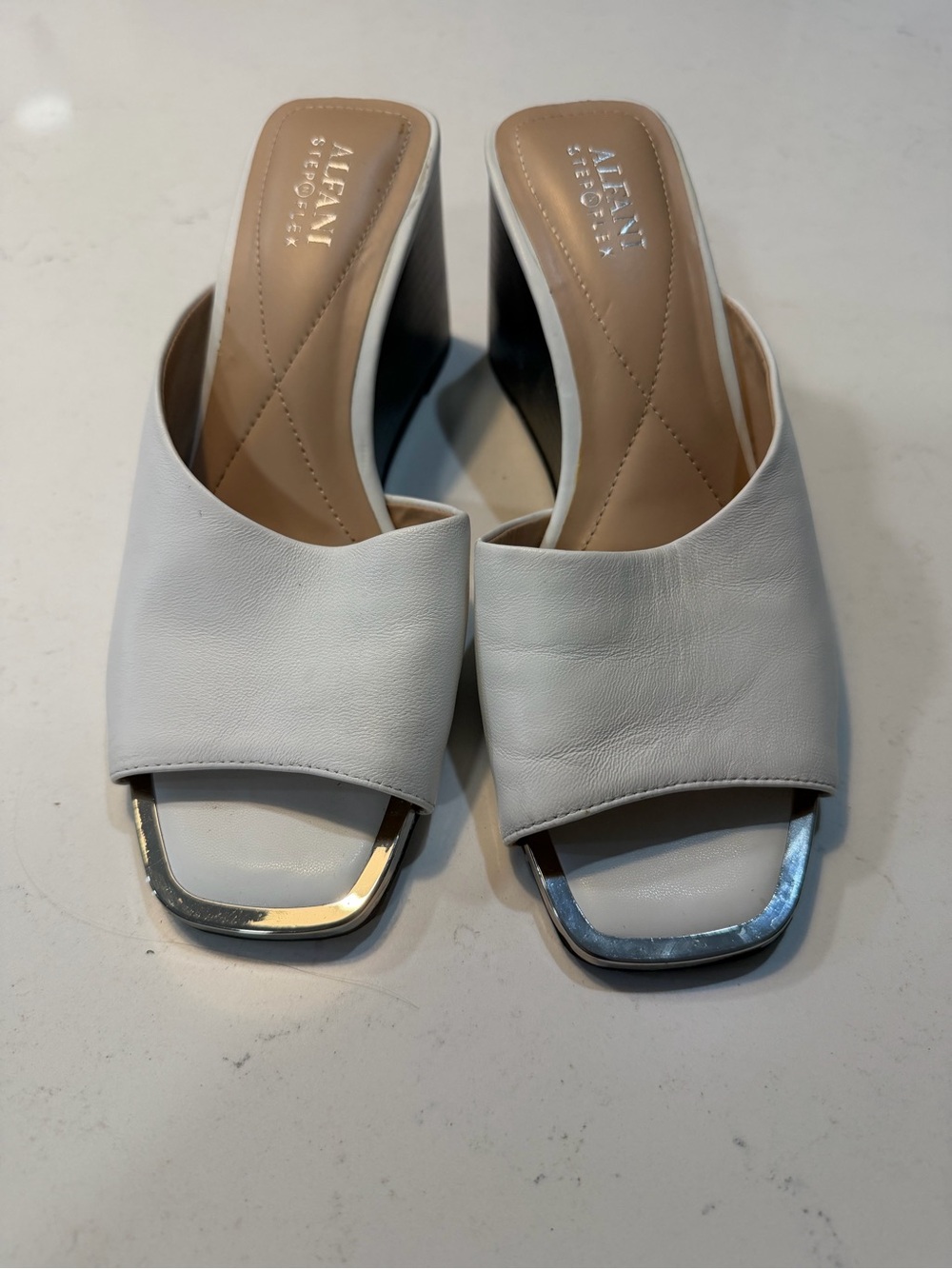 Alfani White Leather Open-Toe Mule Slides with Silver Trim